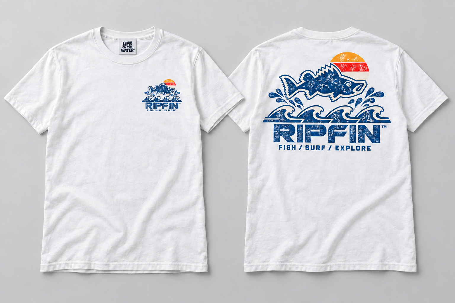 White RIPFIN T-shirt with Life on the Water inside neck tag, small left-chest graphic, and large back graphic